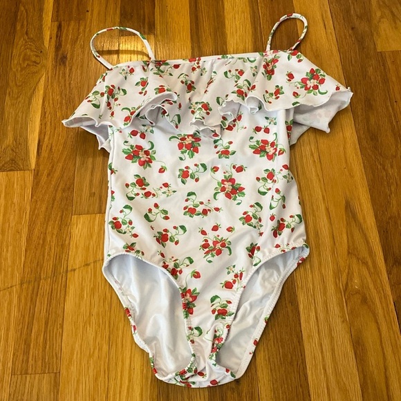 PQ Swim Girls White Ruffled One Piece Swimsuit With Strawberry Print Size 12 - Picture 1 of 7